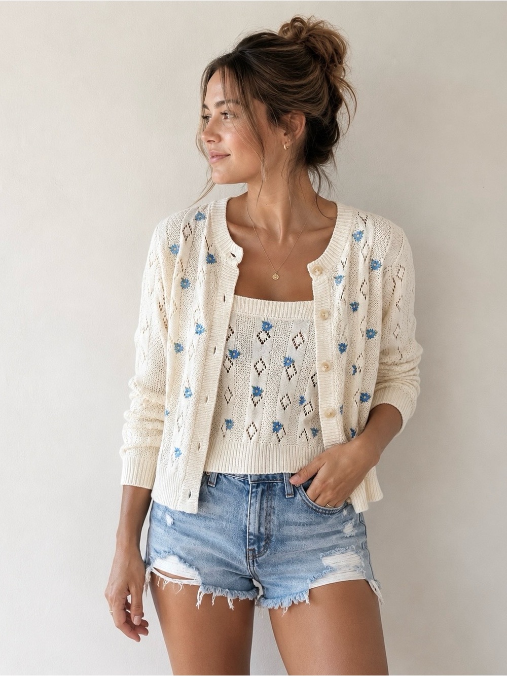 Pink Rose Pointelle Knit Cardigan & Tank Set Blue floral embroidered Cottagecore - Picture 2 of 14